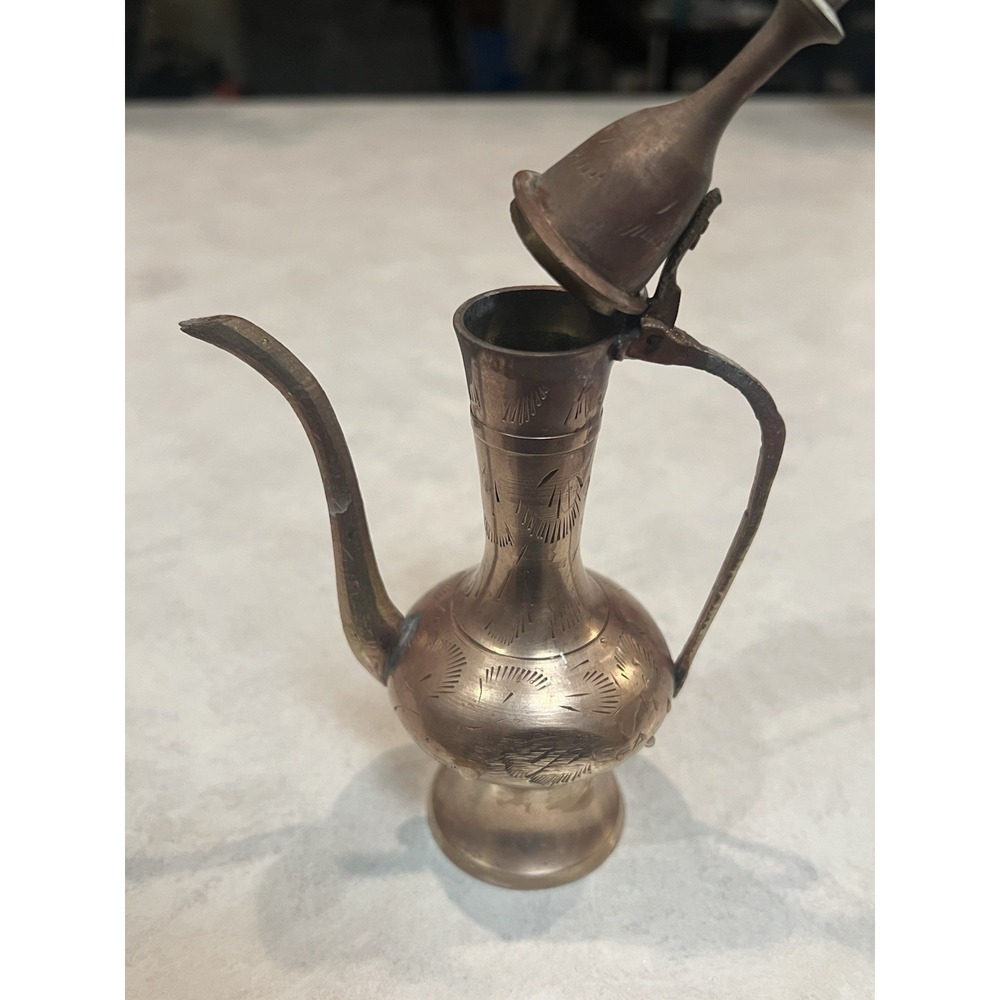 Antique Vtg Arabic Middle Eastern Turkish Brass Tin Coffee Dallah Tea Pot 8.75"